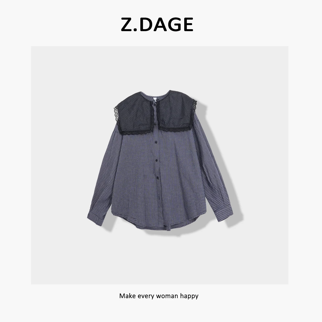 z.dage-‘邂逅云朵’时尚极简风云朵感格纹蕾丝领衬衣-16043