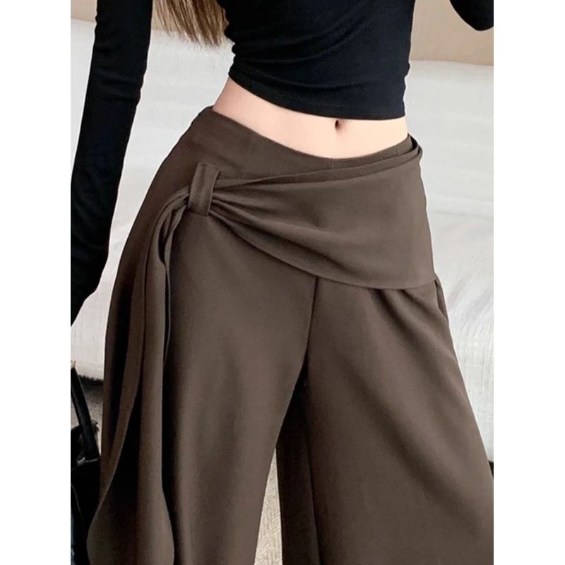 大码咖色阔腿裤女秋季设计感系带高腰裤显瘦垂坠感直筒拖地休闲裤