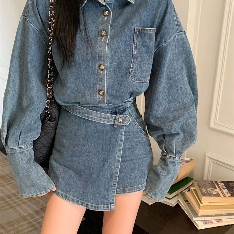 牛仔套装女美式2025复古新款外套高腰不规则显瘦半身裙两件套裤裙