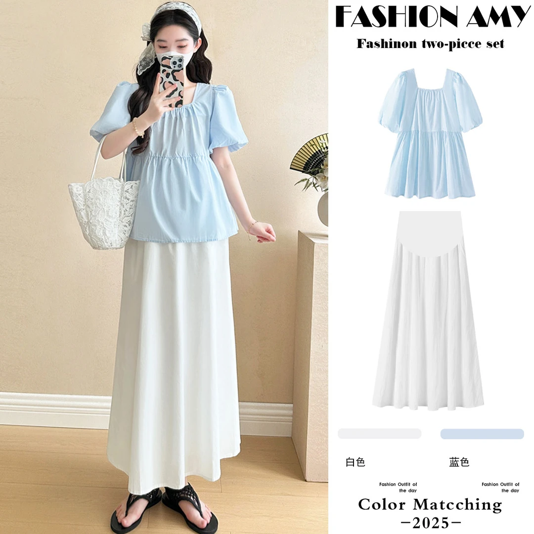 孕妇套装夏装新款洋气时尚减龄显瘦方领泡泡袖上衣休闲托腹半身裙