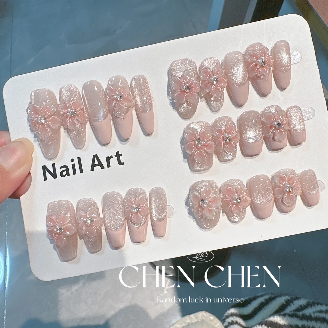 【桃花饮】CHENCHEN-猫眼法式手工立体双层冰雕花显白纯手工穿戴甲