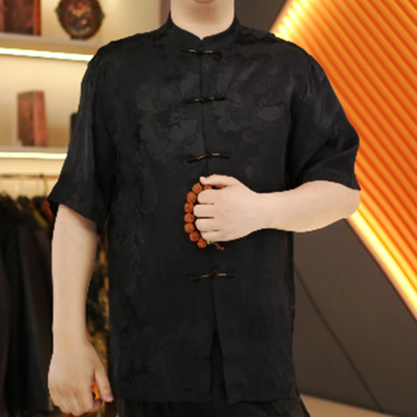 祥云花萝香云纱男装高档唐装男短袖真丝衬衫桑蚕丝