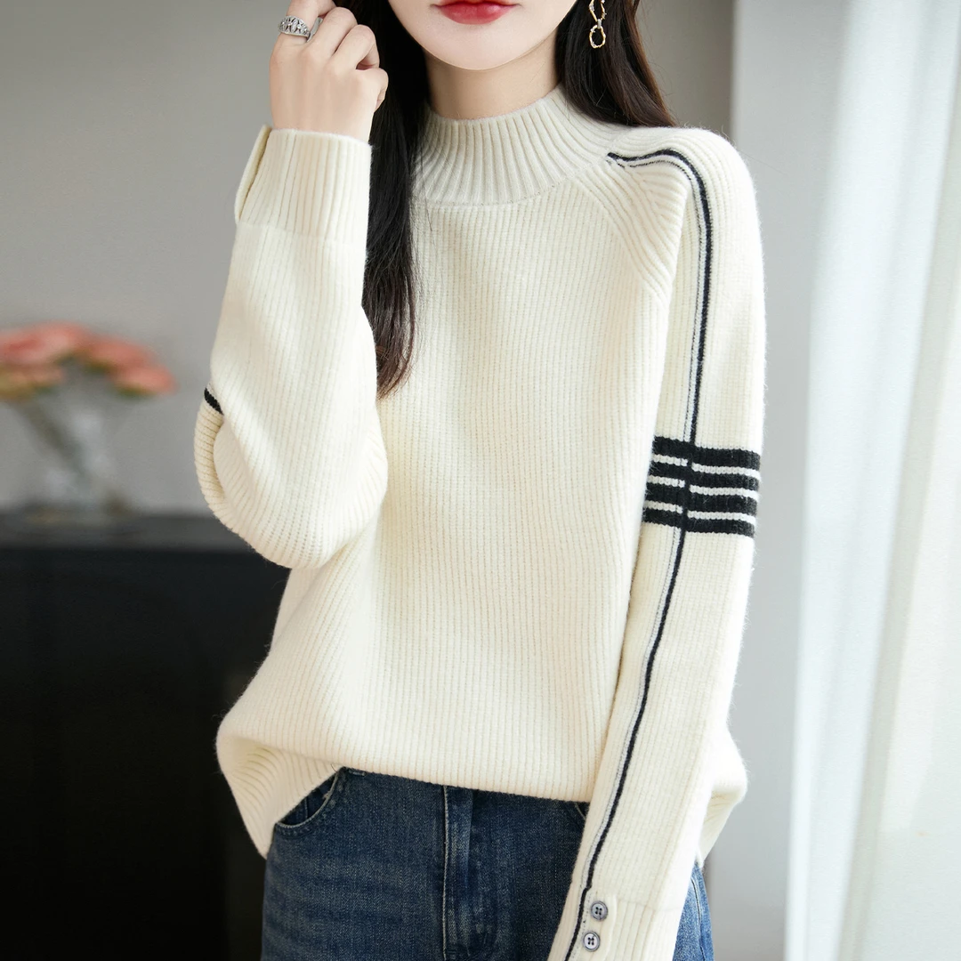 胖mm秋冬特大码半高领女士毛衣遮肚子显瘦条纹上衣内搭针织打底衫