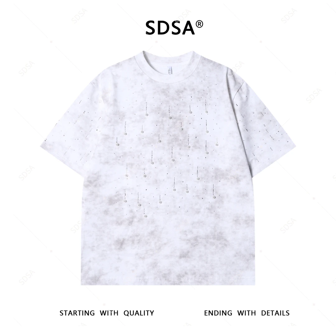 夏季高级感新款男士设计师烫钻珠子圆领短袖T恤百搭宽松百搭上衣