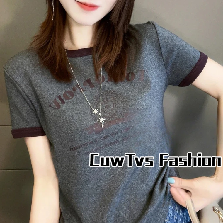 2025夏季新款遮肉减龄时尚休闲字母印花优质棉短袖T恤女显瘦上衣