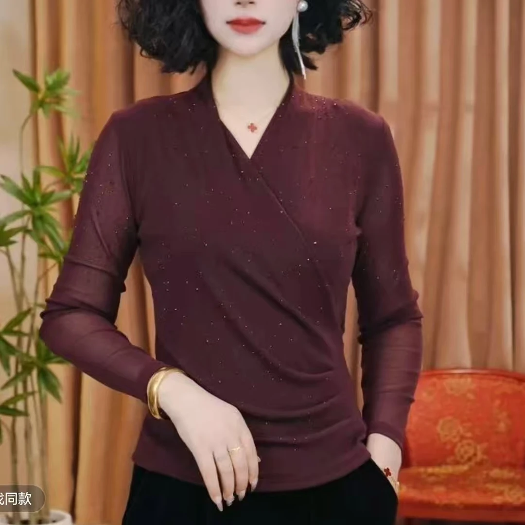 春季新款烫钻时尚洋气百搭气质长袖小衫网纱显瘦女士V领打底衫