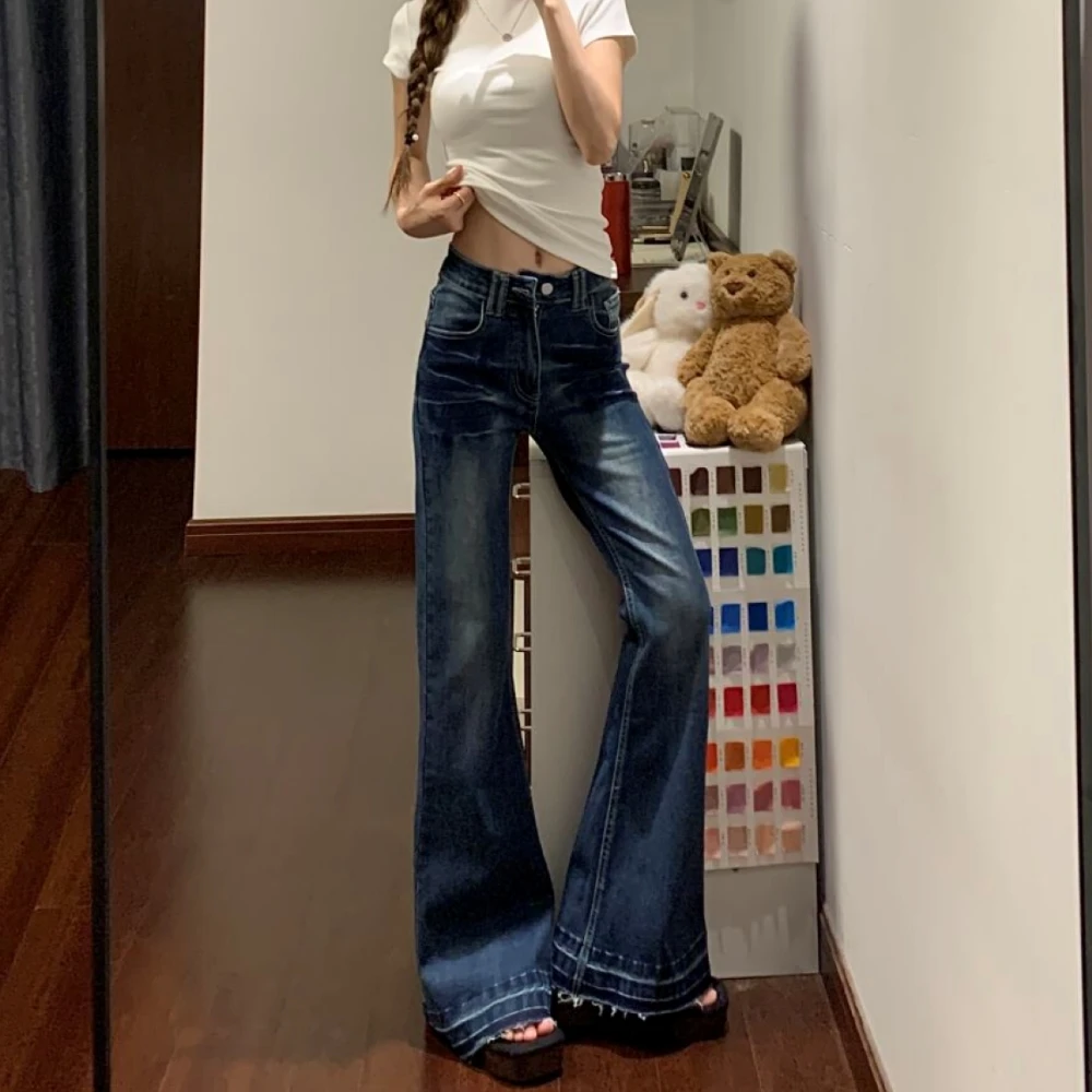 美式复古微喇阔腿牛仔裤女2025秋季叠染水洗蓝宽松显瘦直筒拖地裤