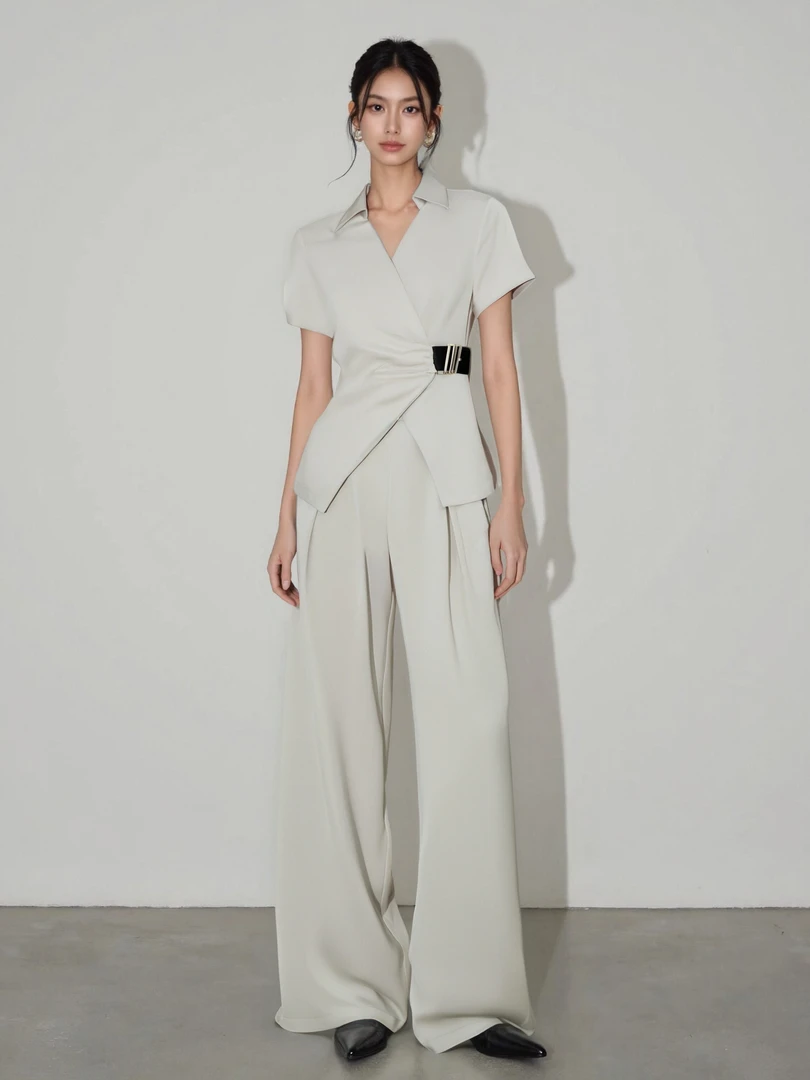 「京京」翻领设计感上衣高腰阔腿裤两件女休闲套装SHBZW651676