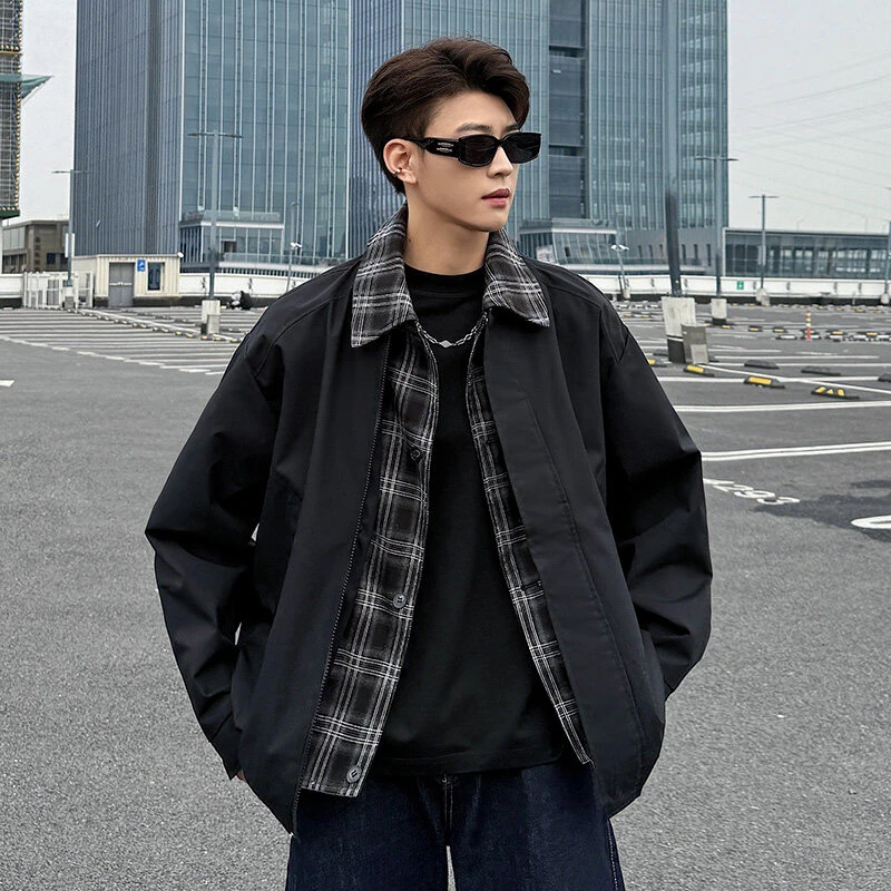 黑色假两件短款外套男款春秋青少年酷帅美式上衣高级感衬衫领夹克