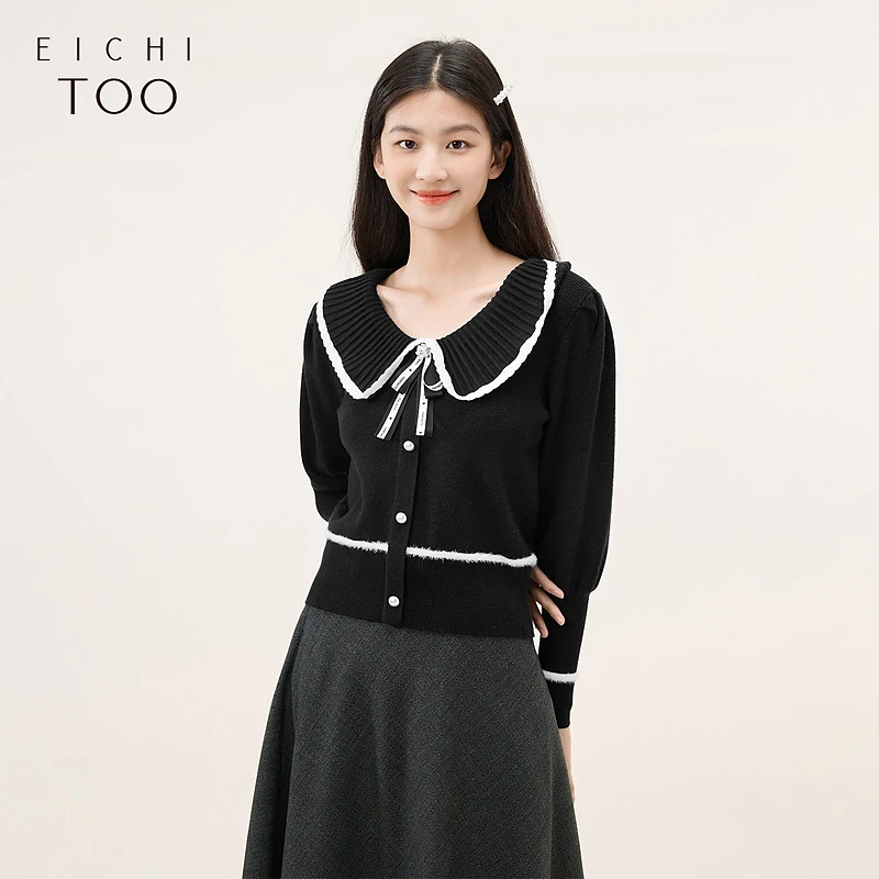 爱居兔小香风时尚撞色翻领设计感长袖针织衫ENZAJ3N021A