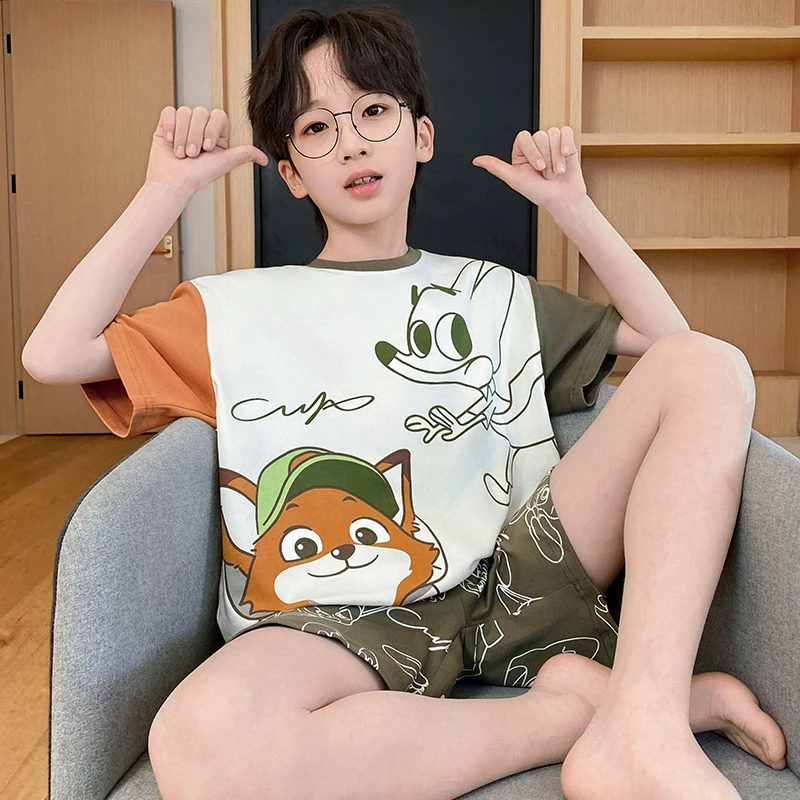 YUZHAOLIN/俞兆林时尚短袖撞色款男童纯棉圆领夏季睡衣中大童套装