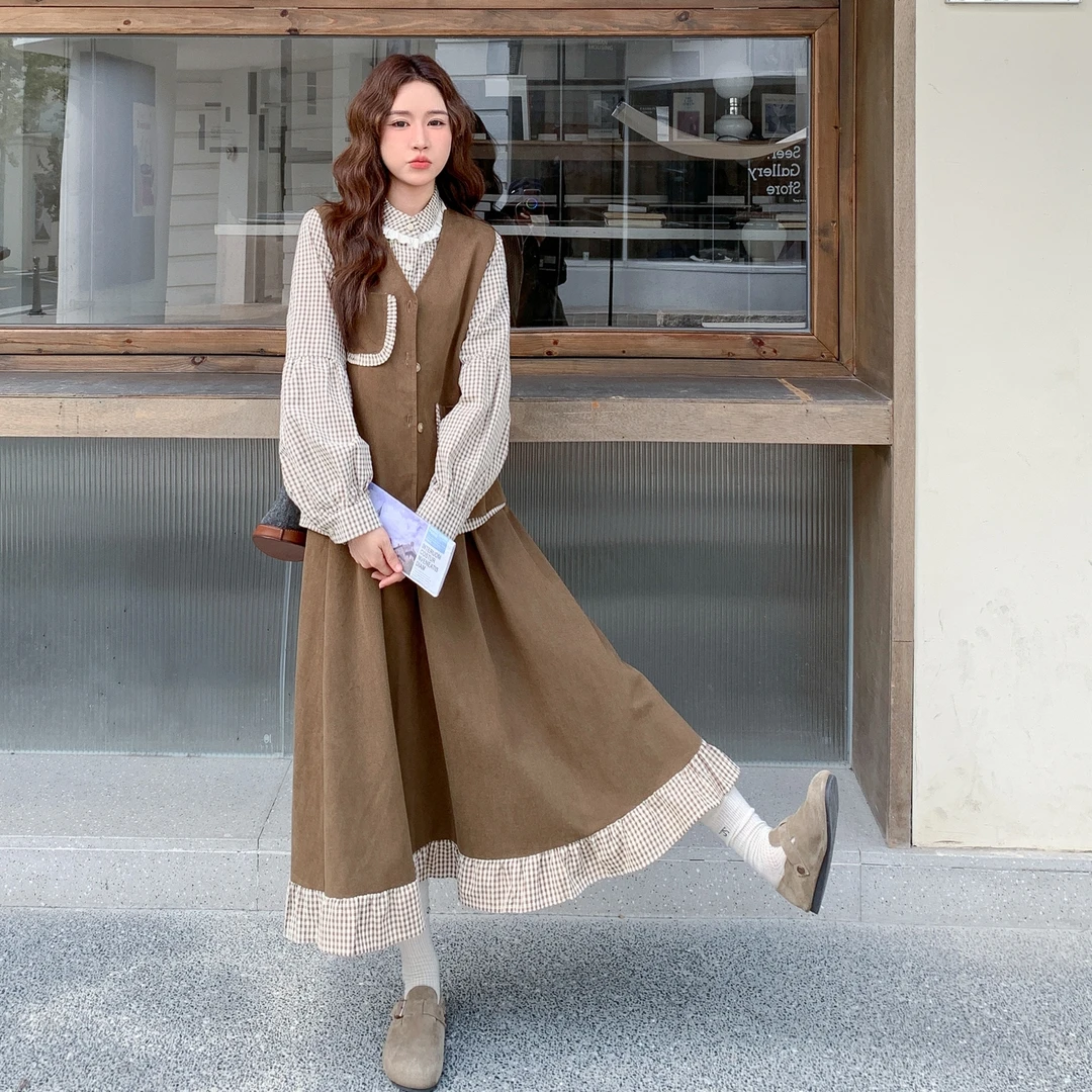 日系复古文艺少女套装裙女2025秋季格子拼接衬衫马甲半身裙三件套
