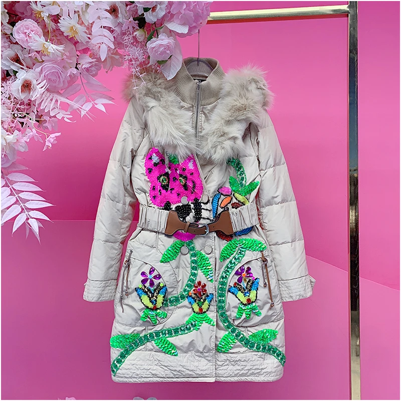 QD1753欧美设计师2025冬季新款重工刺绣亮片钉珠豹子修身羽绒服女