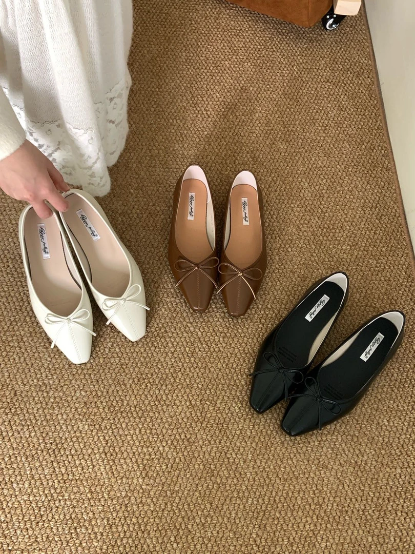 H 2018-20 韩版百搭2025年春季新款蝴蝶结一脚蹬通勤低跟单鞋女