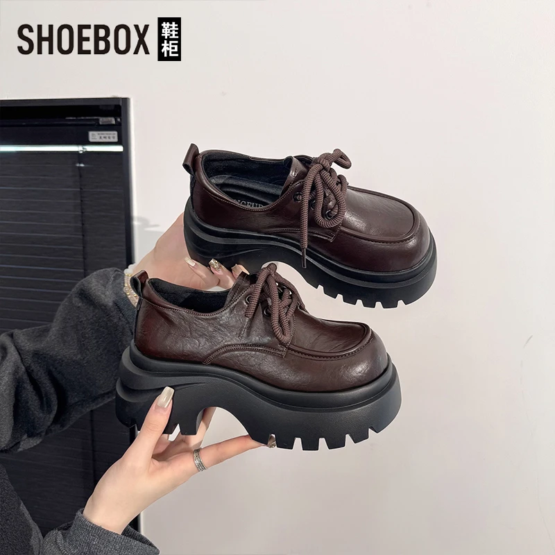 SHOEBOX鞋柜大头系带小皮鞋女秋2025新款厚底百搭学院风乐福鞋