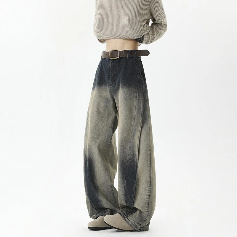 水洗做旧牛仔裤男夏季薄款高腰解构设计感弯刀裤子美式高街阔腿裤