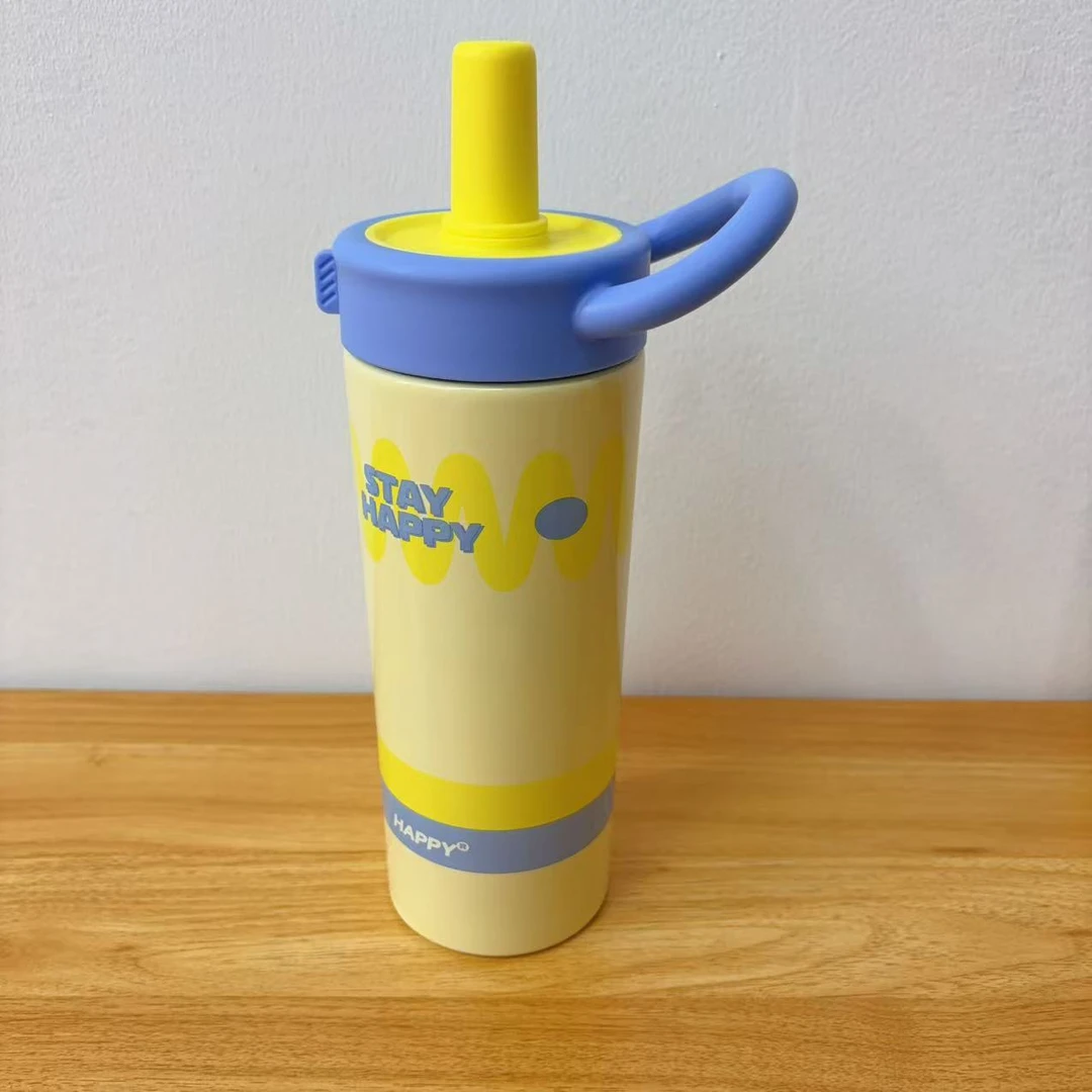新款高颜值黄蓝色可爱卡通不锈钢保温水杯便捷吸管杯