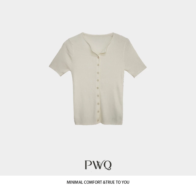 【舒适好穿】针织上衣短袖圆领前开口蚕丝羊毛竖条纹BS-25419XX3-ZB