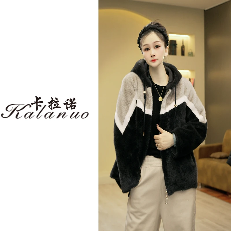 【卡拉诺】2025新款三色拼接毛绒雪兰貂连帽外套32121