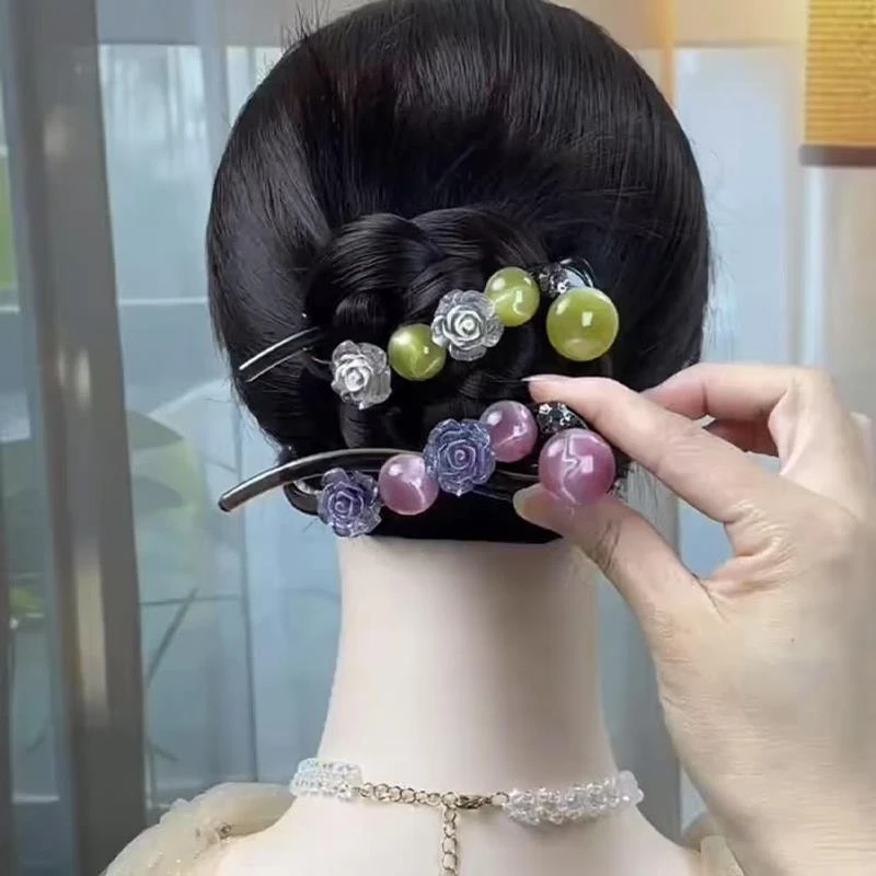渐变珠珠花朵扭扭夹后脑勺盘发一字夹后脑勺盘发鲨鱼夹安全替代品