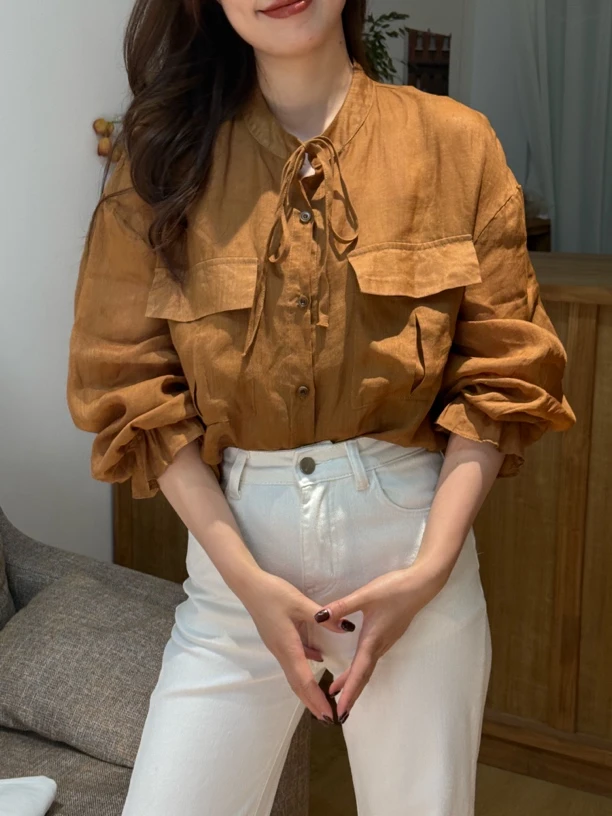 【梨花服饰】金棕色麻料小衫