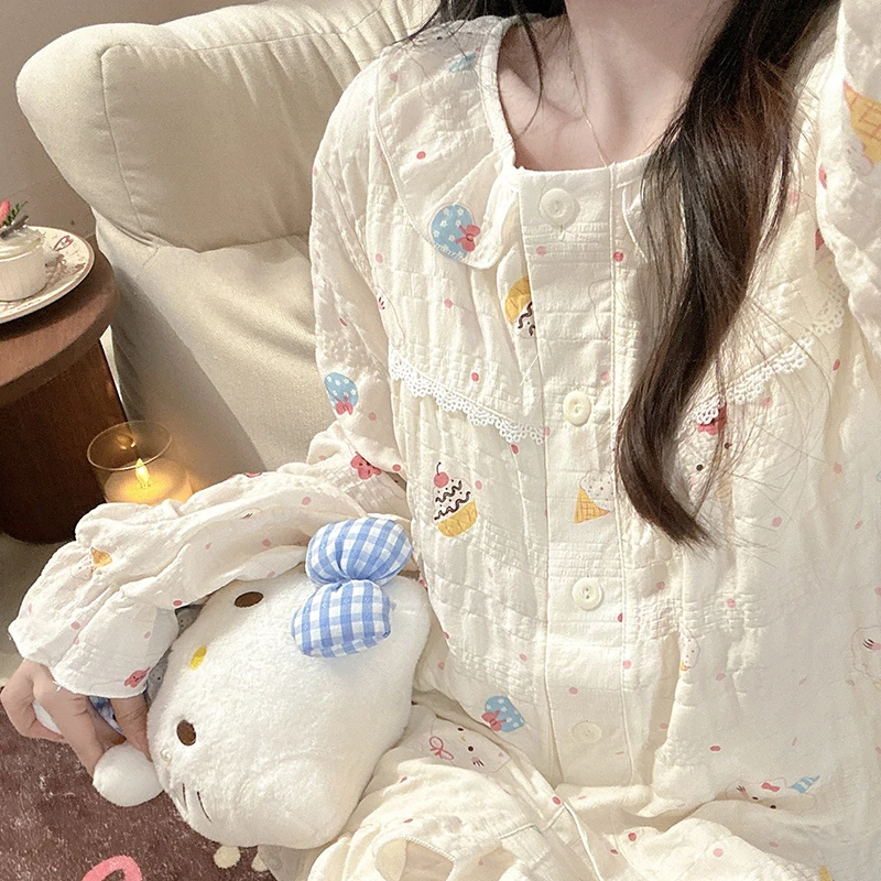圆领甜筒Kitty睡衣女春秋新款公主风卡通长袖固定胸垫家居服套装