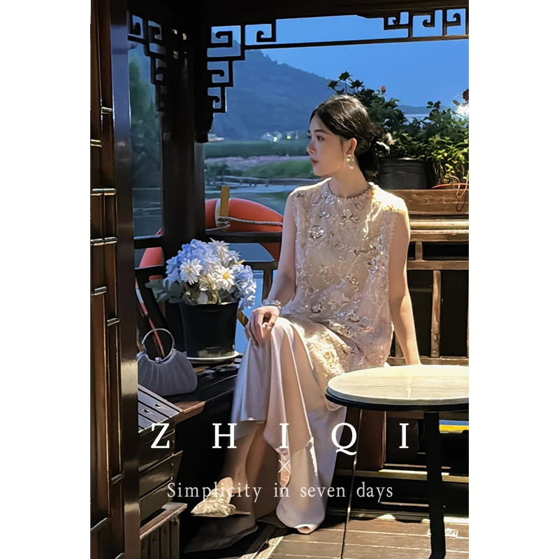 ZHIQI/止观七【鎏光萤】新中式静奢重工纱料立体珠花无袖上衣现货