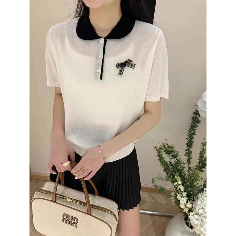 韩版polo领蕾丝蝴蝶结针织衫女2025夏季新款薄款时尚透气百搭上衣