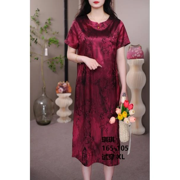 2120【红色富贵竹】圆领直筒遮肚子连衣裙