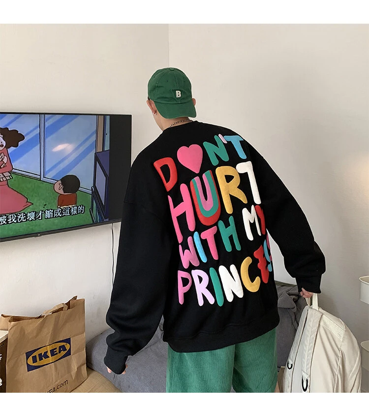 HW3281春秋潮牌港风复古情侣百搭发泡字母印花圆领套头卫衣