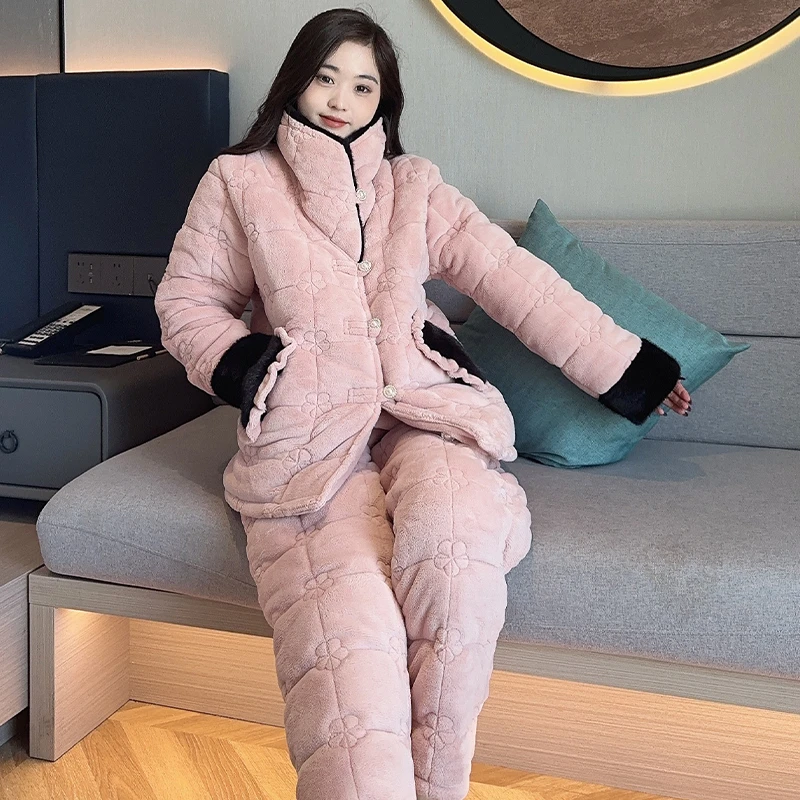 庆同2025年新款睡衣加绒加厚女士冬季舒适时尚保暖外穿家居服套装