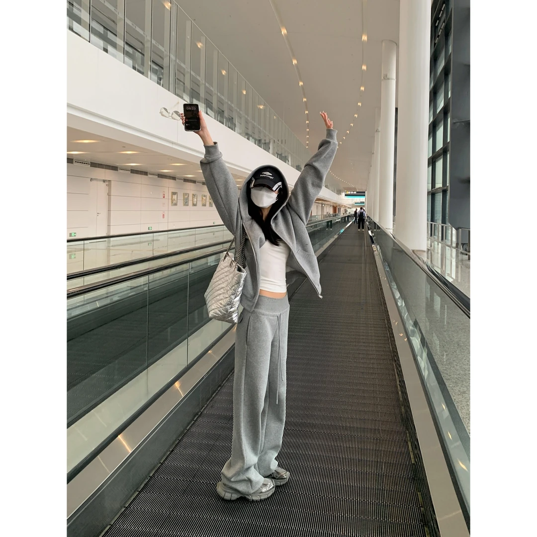慵懒风新款灰色美式运动卫衣套装女宽松时尚休闲外套卫裤Y2960