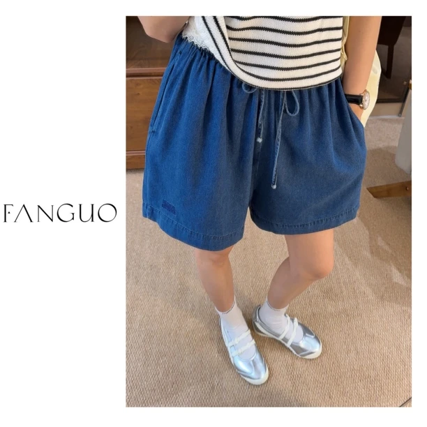 韩国self/service 原厂！复古丹宁刺绣松紧腰休闲牛仔短裤 B25458