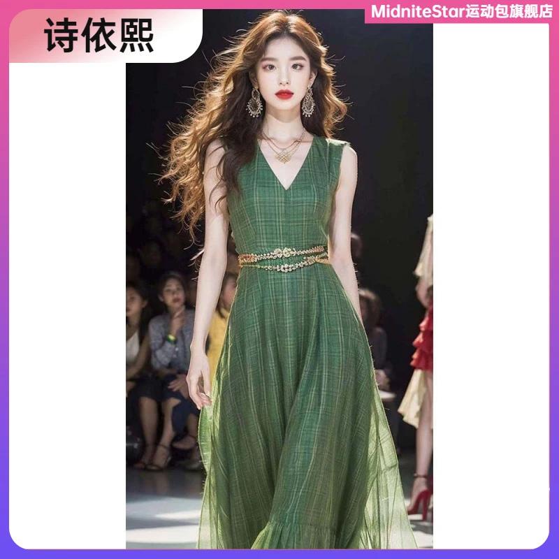 11薄荷曼波风绿色格子连衣裙无袖茶歇法式长裙子夏季女装2024年l