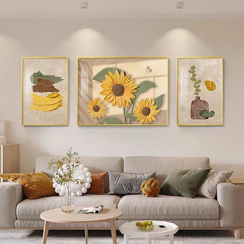 客厅装饰画现代简约沙发背景墙挂画奶油画客厅画三联高级感向日葵