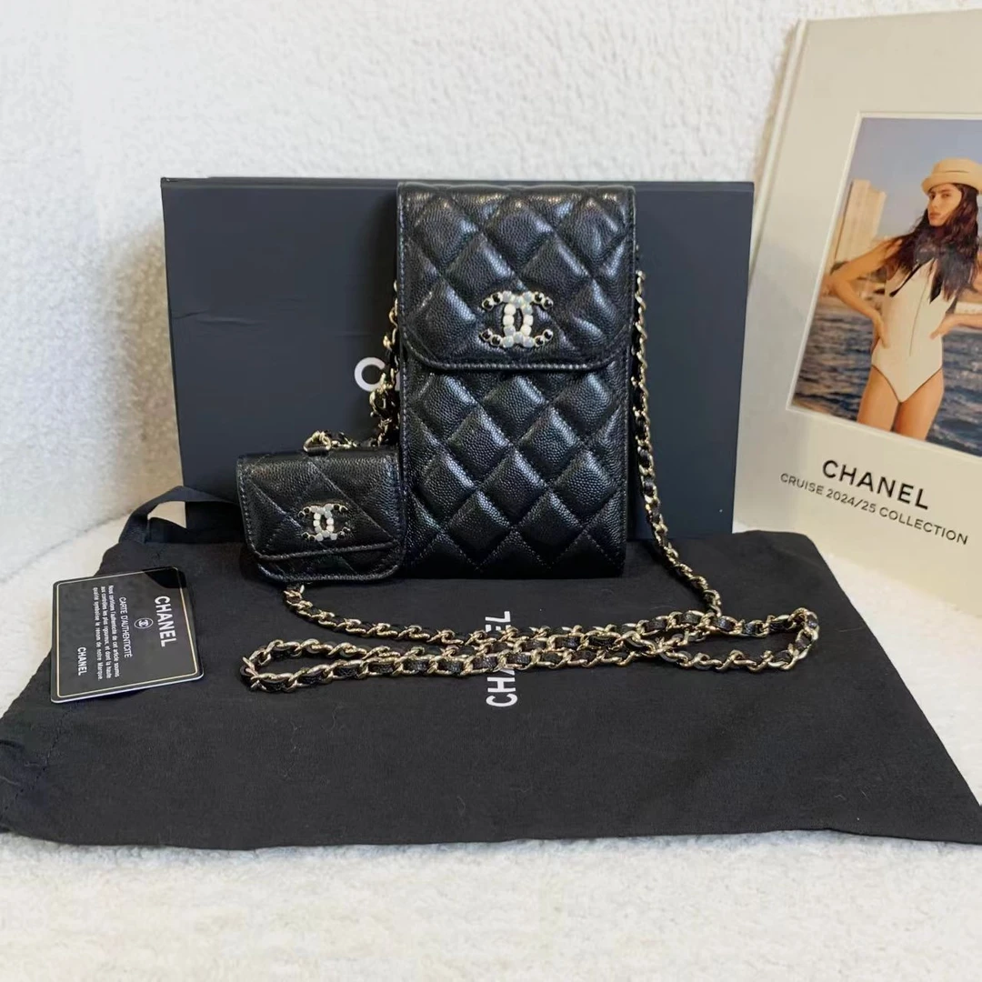 99新 Chanel/香奈儿 壹臻/黑金牛珐琅双C子母手机包 99557256