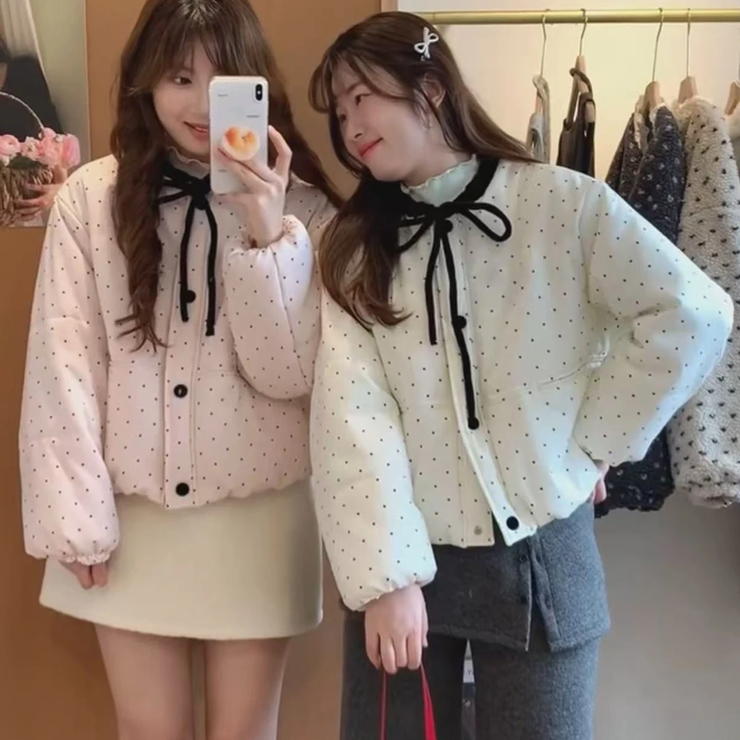 肉肉家 韩系撞色蝴蝶结温柔波点保暖棉服外套90506#