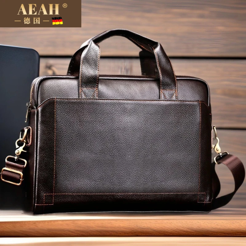AEAH男士手提包商务头层牛皮文件办公大容量电脑包真皮单肩斜挎包