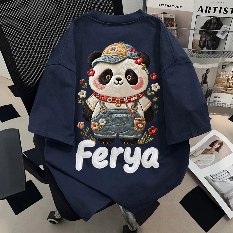 Dekkry夏季纯棉短袖t恤百搭个性熊猫印花男女款圆领宽松休闲上衣