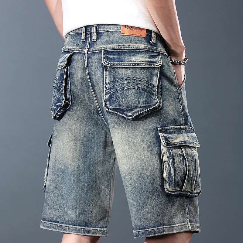 户外工装牛仔短裤男宽松直筒大码微胖子男士外穿五分中裤马裤潮