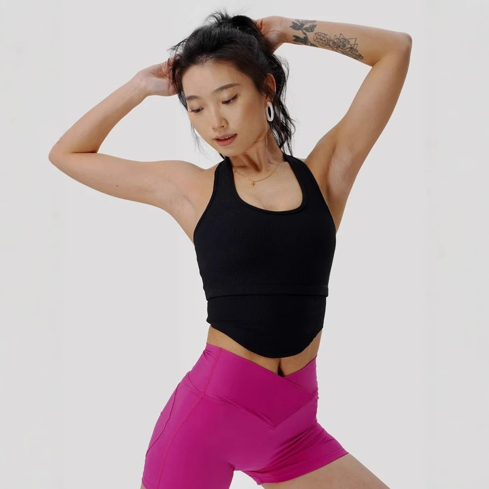带胸垫瑜伽背心女纯色镂空美背设计感露腰性感修身短款吊带上衣