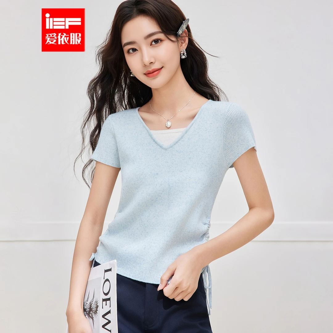 IEF/爱依服T恤2025夏季新款女人味假两件女毛织上衣流光风