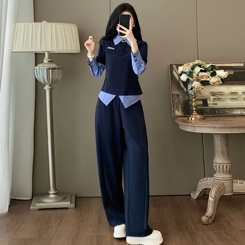 官图  高含棉时尚套装女2025秋季新款设计感拼接上衣直筒裤两件套