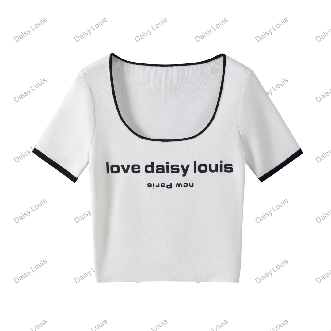 【mi】DAISYLOUIS2025白色修身冰丝针织衫夏季新款简约短款短袖上衣