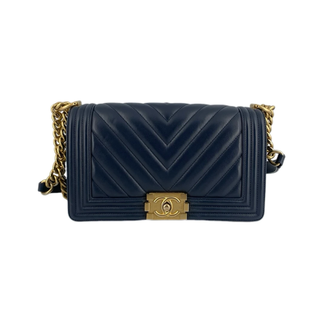 95新 Chanel/香奈儿 leboy 中号 V纹 斜挎包深蓝/JW0741