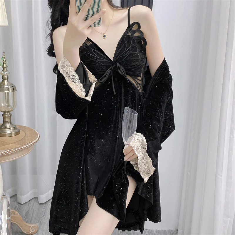 新款金丝绒睡衣性感蝴蝶吊带睡裙睡袍两件套家居服带胸垫