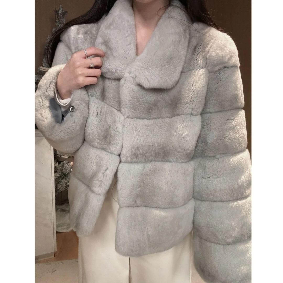 【长乐词】冬款新品轻奢高端灰色青紫蓝兔皮草外套 真毛可立领