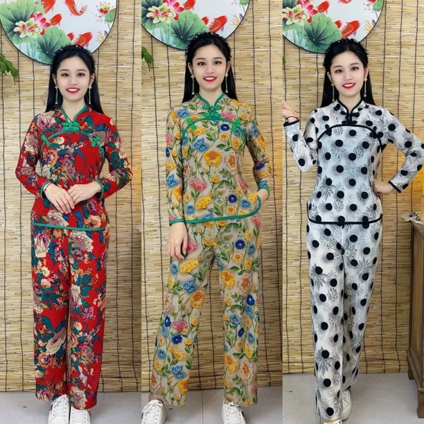春夏唐装套装网红复古民族风上衣+裤子秋装两件套喜庆民族舞蹈服
