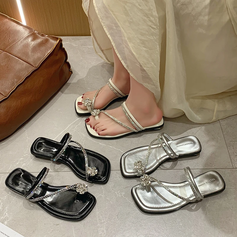 法式粗跟凉鞋女夏季外穿配裙子水钻仙女高跟鞋两穿夹趾水晶凉拖鞋