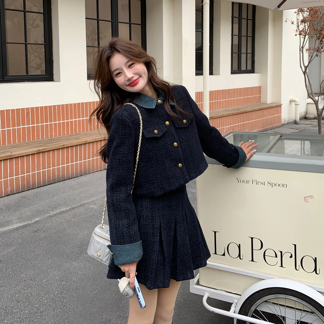 法式牛仔拼接小香风套装裙女2025秋季miu系穿搭独特超好看两件套